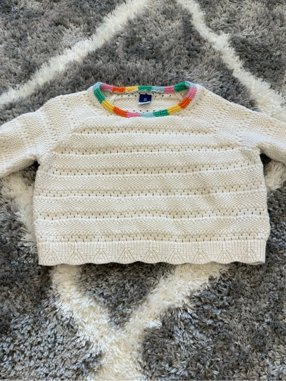 Girls White Knit Sweater with Rainbow Trim